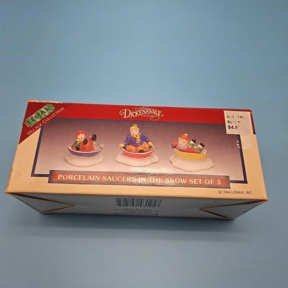 Vintage 1994‎ Lemax Dickensvale Porcelain Saucers Sledding In The Snow Set of 3